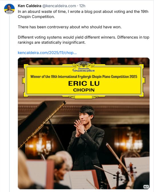 n an absurd waste of time, I wrote a blog post about voting and the 19th Chopin Competition. There has been controversy about who should have won. Different voting systems would yield different winners. Differences in top rankings are statistically insignificant.
